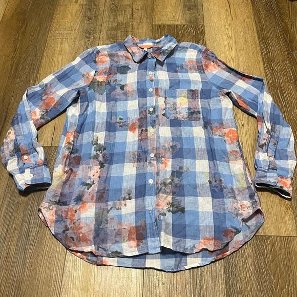 Joules 100% Linen Plaid Floral Print Button Down Shirt Size US 8 Blue Preppy - Picture 4 of 8